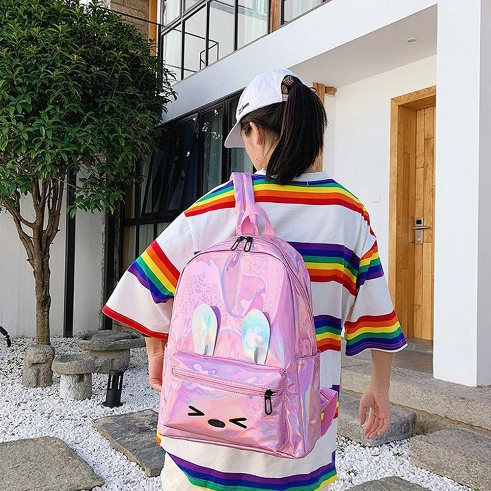 Женский рюкзак с кроличьими ушками модный вместительный серебристыми лазерными