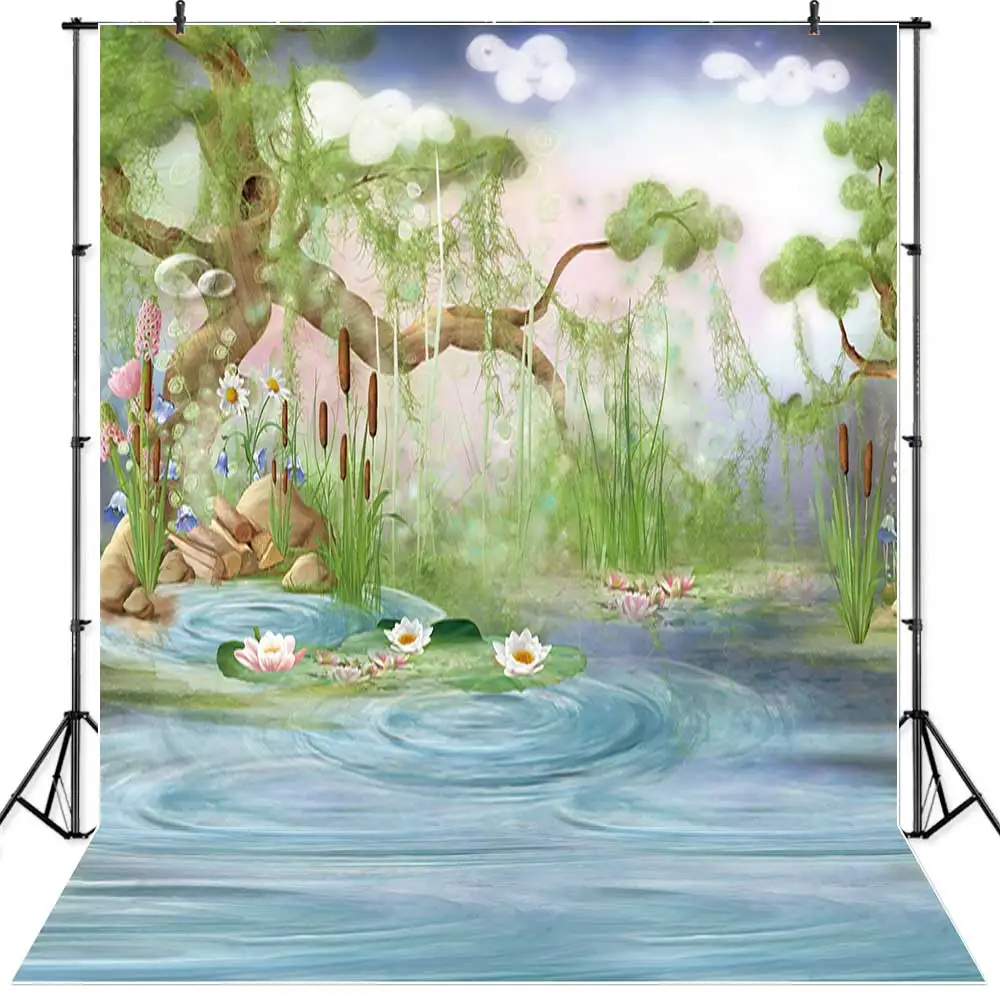 

SeekPro Cartoon Photography Background Tree River Lotus Pond Firefly Children Wonderland Photophone Summer Photo Backdrop