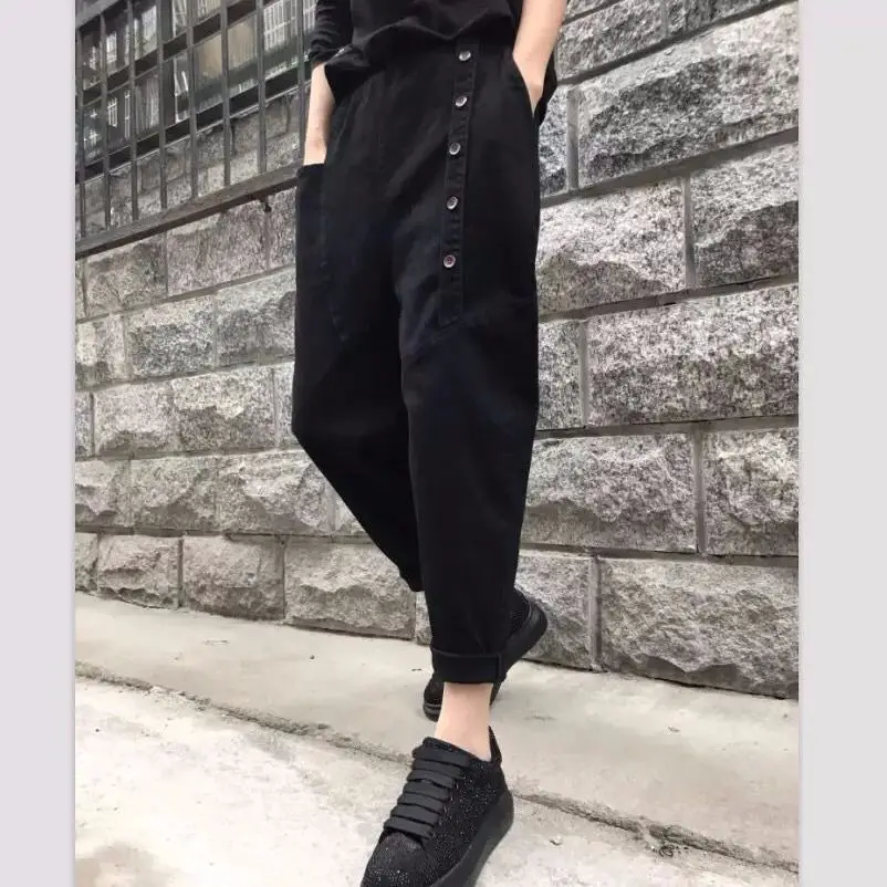 

2020 New Spring Autumn Women Elastic Mid Waist Streetwear Trousers Female Personality Button Cotton Solid Pocket Cross-Pants N40