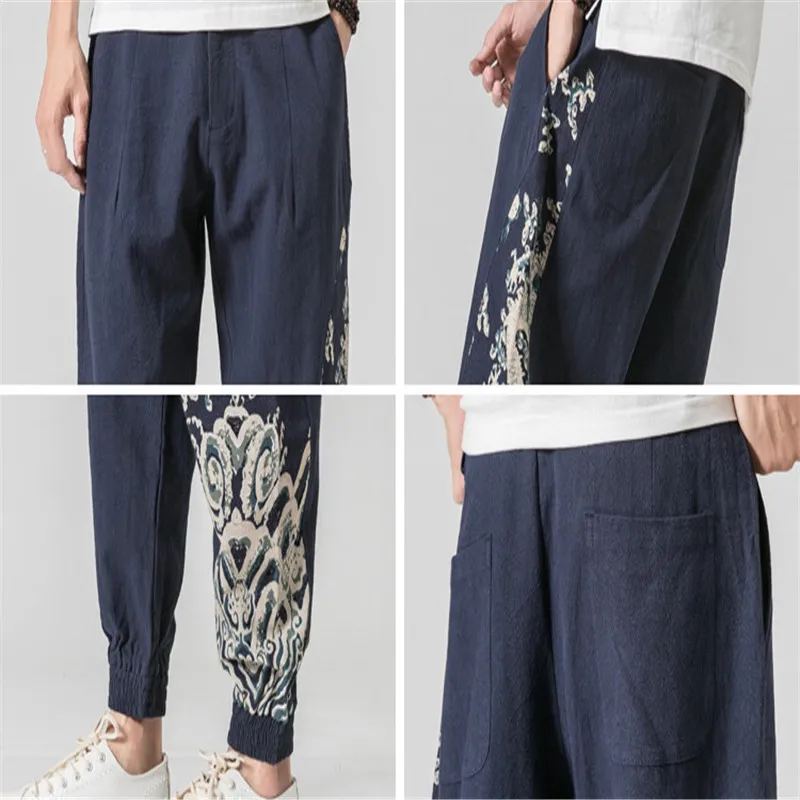 Мужские повседневные льняные шаровары JDDTON свободные однотонные длинные штаны с