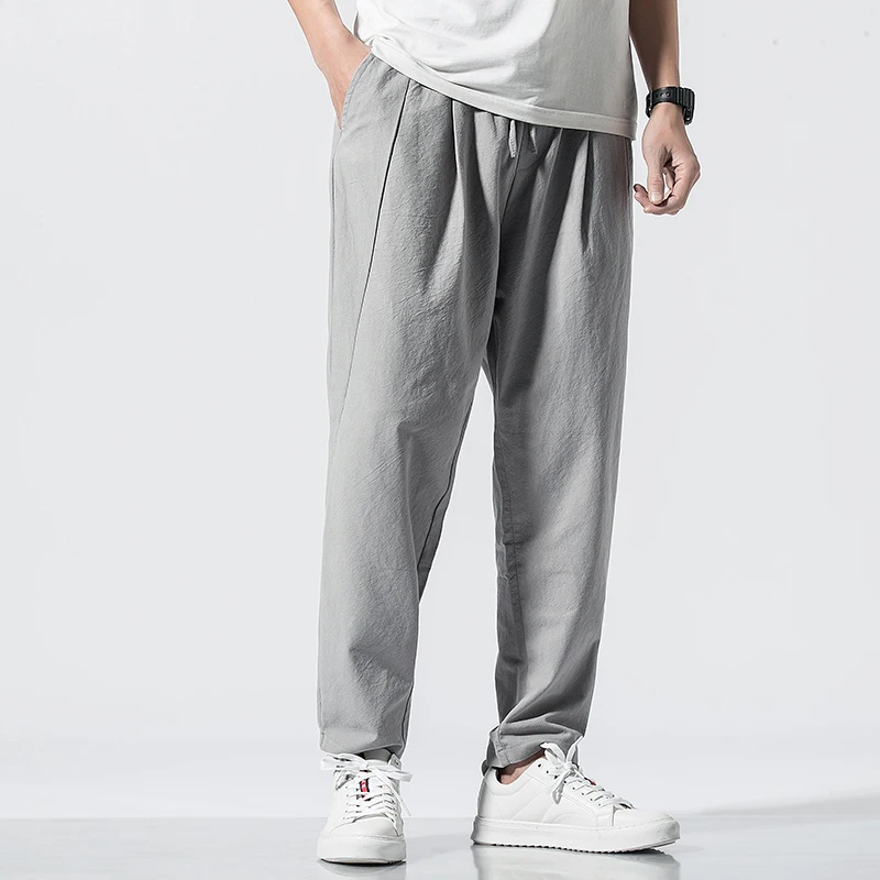 Мужские повседневные хлопковые шаровары прямые свободные брюки с эластичным