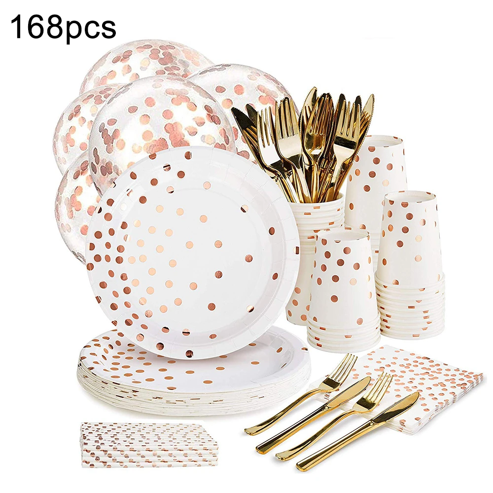 

168PCS Rose Gold Paper Plate Disposable Tableware Set Cups Forks Knives Napkins For Wedding Birthday Decoration Party Supplies