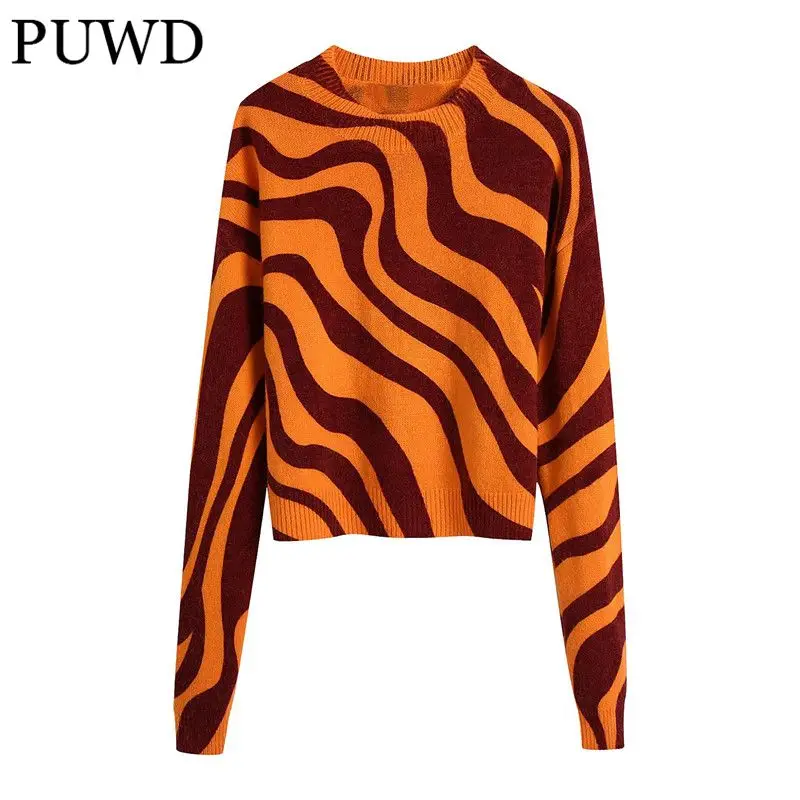 

PUWD Casual Women O Neck Knitted Pullover 2021 Autumn Fashion Ladies High Street Vintage Female Jacquard Knitted Short Top