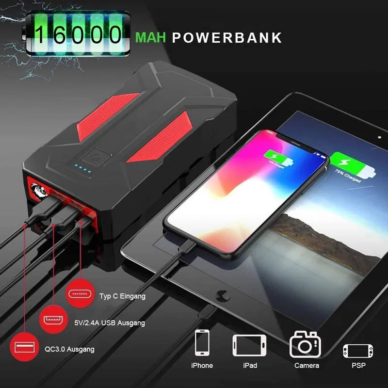 

Автомобильное пусковое устройство 16000 А, внешний аккумулятор 12 В, автомобильное быстрое пусковое устройство мАч, портативное автомобильное...