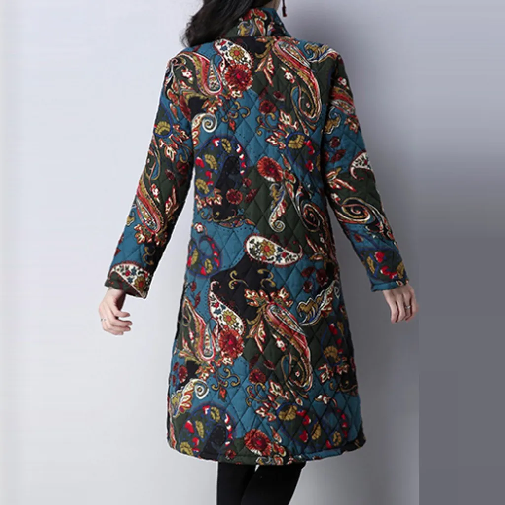 SAGACE зимнее женское теплое однобортное длинное пальто с принтом в фольклорном