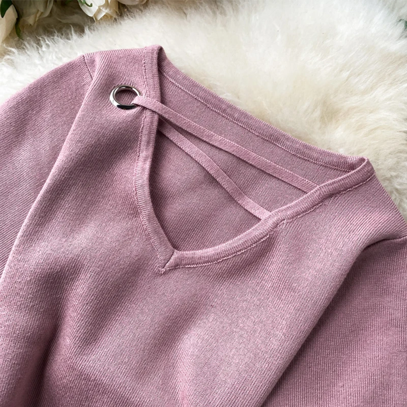 

Women Dresses Summer 2021 Hollowed-Out V-Collar Elastic Knitted Waist and Buttocks Solid Color Short-Sleeved Dress