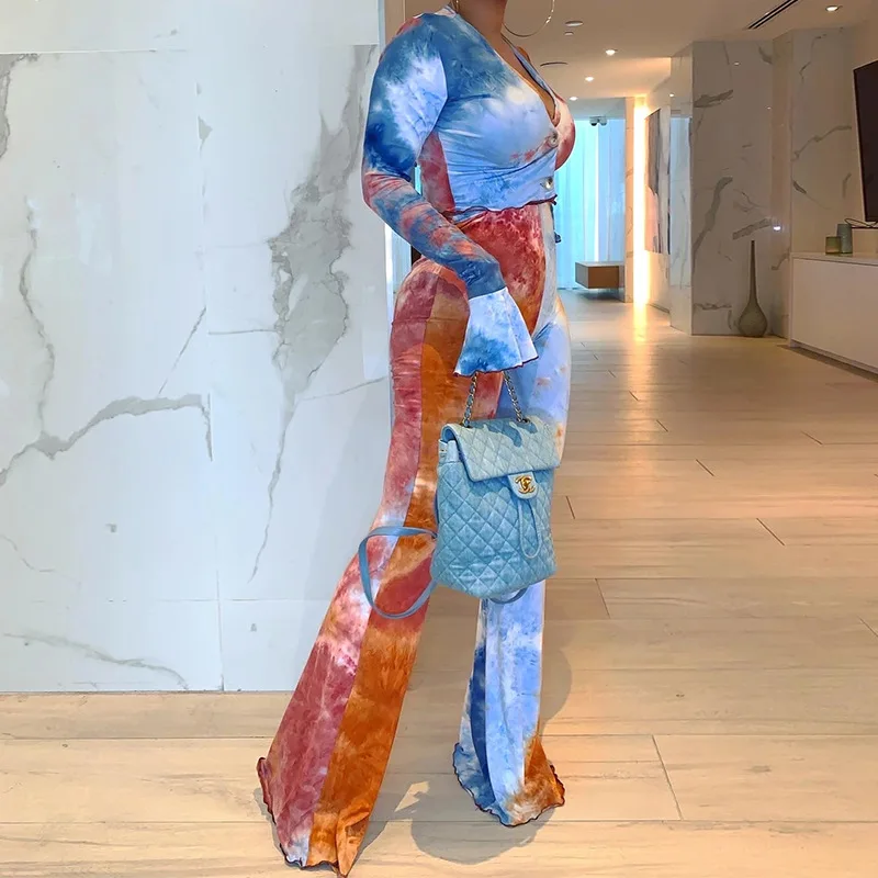 BAMBOOBOY Women's Fashion Sexy V Neck Slim Tie Dye Casual High Street Bodycon Fitted Two piece Set ZL1508