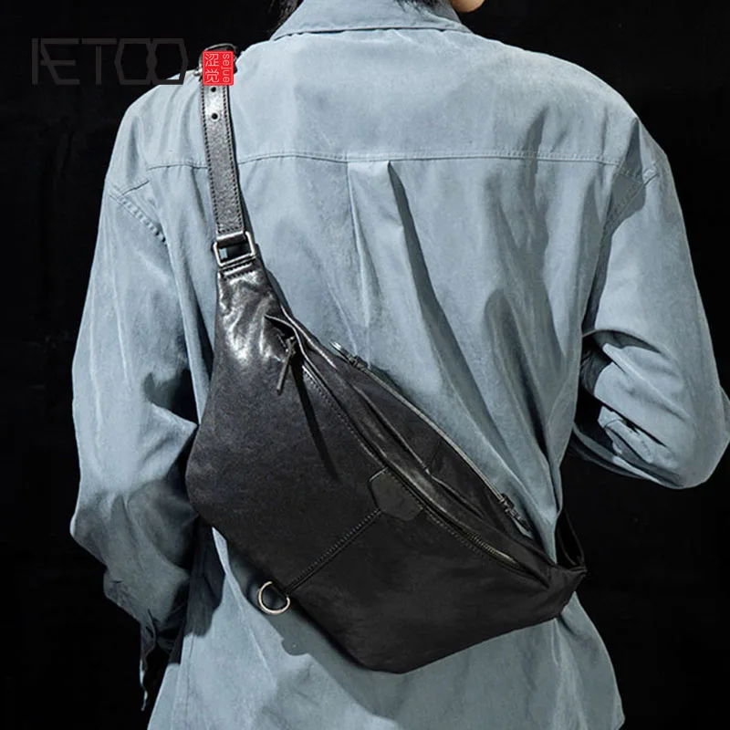 AETOO First layer cowhide men's chest bag, multifunctional leather belt bag, casual shoulder bag, messenger bag