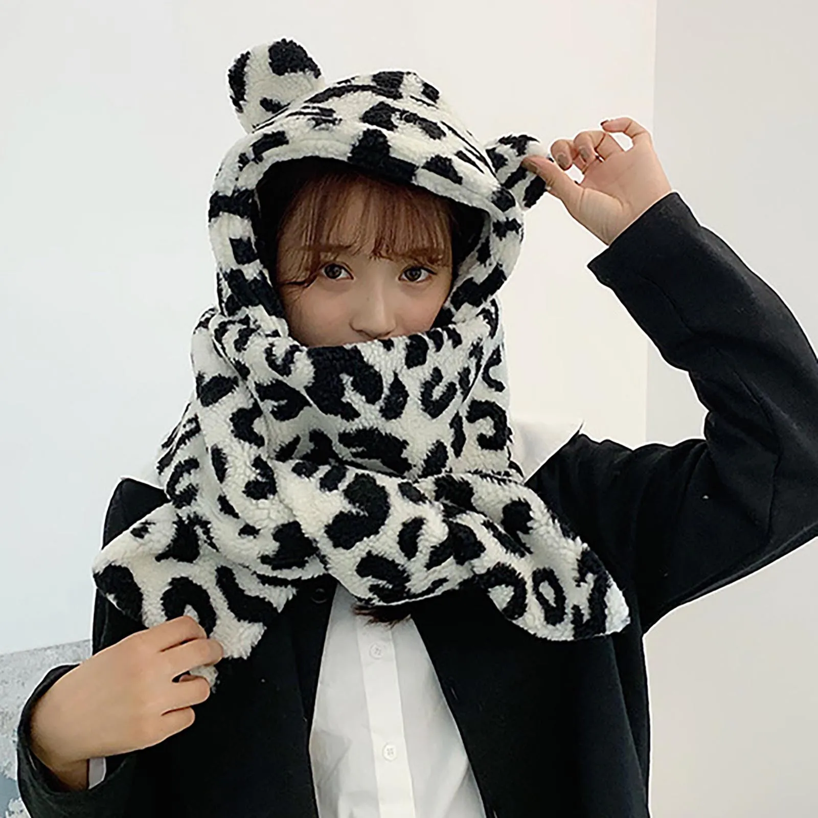 

Fashion Women's Winter Beanies Cute Animal Cow Ear Warm Sweet Plush Scarf With Hood Women's Hat Cap