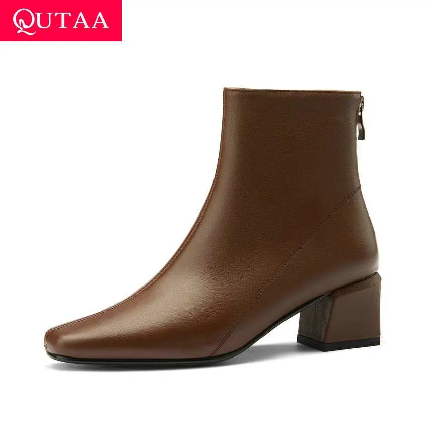 

QUTAA 2021 Autumn Winter Ankle Boots Square Toe Cow Leather Quality Women Shoes Square Heel Zipper Fashion Short Boots Size34-40