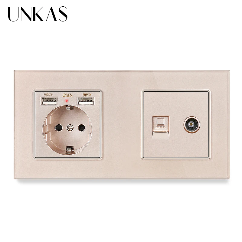 UNKAS электрическая розетка со стеклянной панелью европейского стандарта двойной