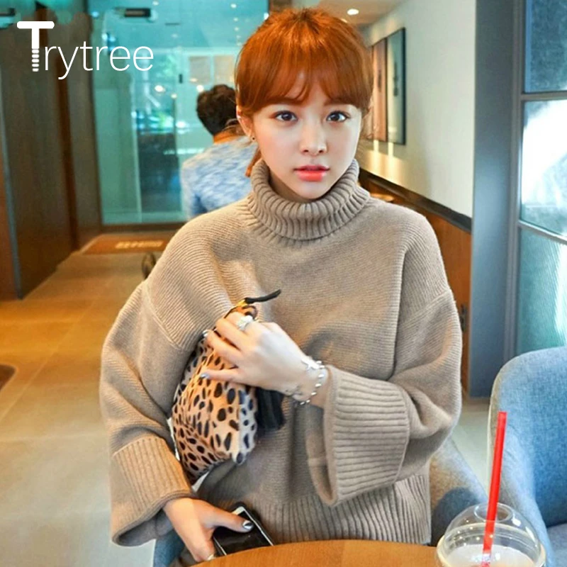 Осень-зима 2020 женский свитер Trytree повседневная водолазка акриловый Однотонный