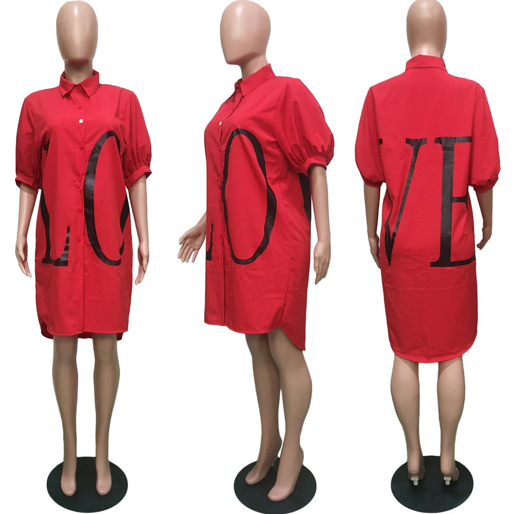 

LOVE Letter Print Casual Shirt Blouse Dress Women Turn Down Collar Half Sleeve Loose Dresses Fashion Buttons Up Club Party Dress