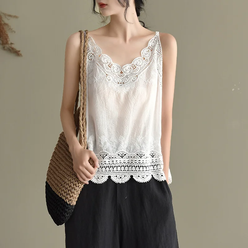 

Sleeveless Camis Outside Pullovers 5colors Summer Lace Hollow Out Hook Flower Cotton Vest Thin Retro Suspender Tops For Women
