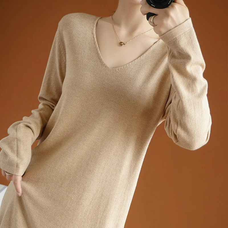 

Knitted Long Sweater Dresses Women Long-Sleeves V-Neck Long Knitted thin dress winter basic shirts Elegant Pullover