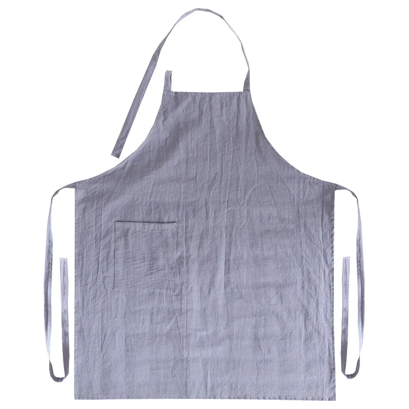 

Soft Cotton Linen Apron Solid Color Aprons Japanese Style Shape with Pockets Kitchen Cooking Clothes Apron Dress
