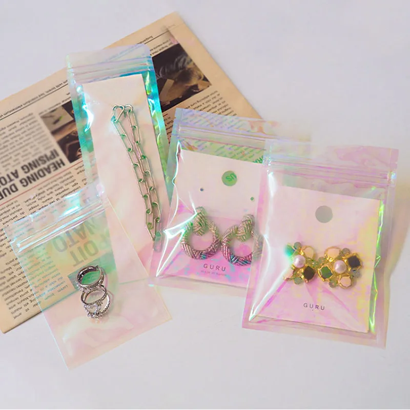 100 шт. радужные косметички на молнии, пластиковая голографическая самозапечатывающаяся сумка для хранения ювелирных изделий, повторно закрывающаяся