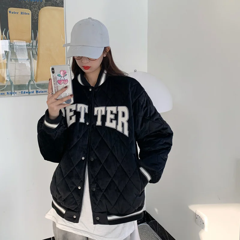 Lingge Cotton Padded Clothes Women's Autumn Winter 2021 Small Korean Loose Baseball Jacket Rac | Женская одежда