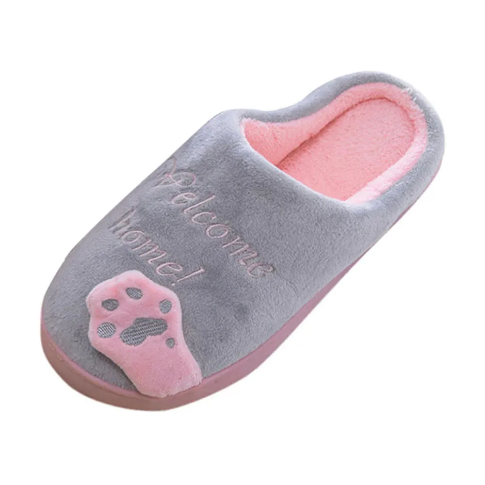 Серый Для женщин шлёпанцы для женщин зимняя обувь для девочек; теплые шлепанцы домашние тапочки с изображением героев мультфильмов; тапочки с котом на нескользящей подошве; теплые внутри помещения Спальня пол обувь домашние тапки - Цвет: Серый