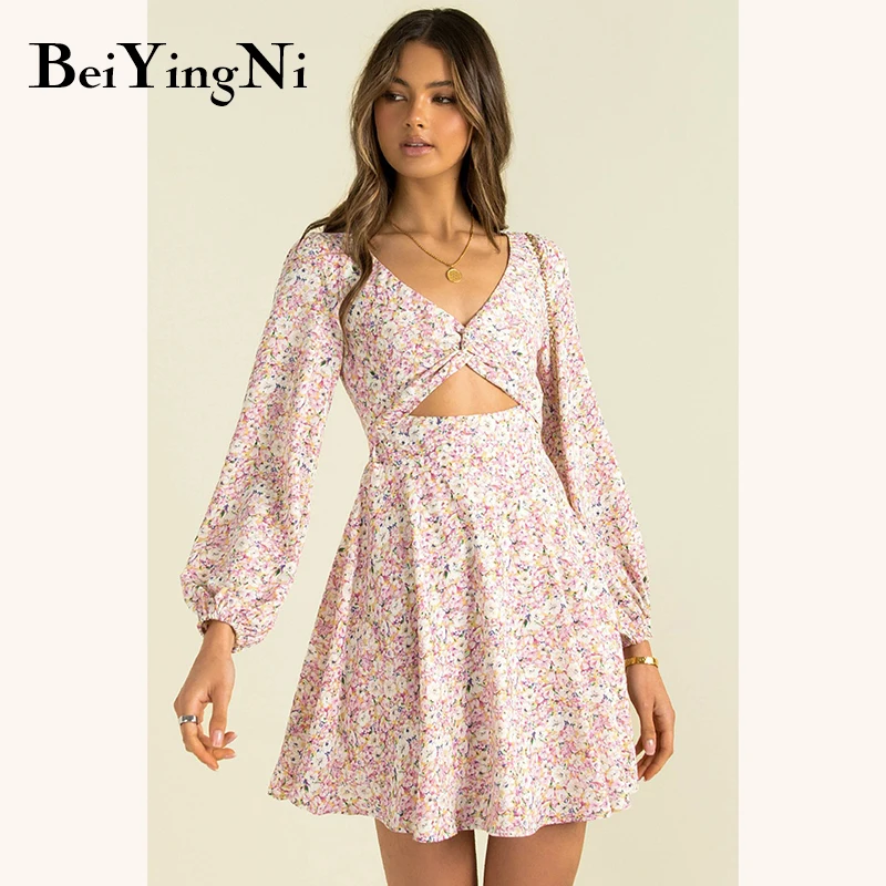 

Beiyingni Women Midi Dress Floral Printed Hollow Out Elegant Sexy Chiffon Short Dresses Long Sleeve Bust Crossed V-neck Vestidos
