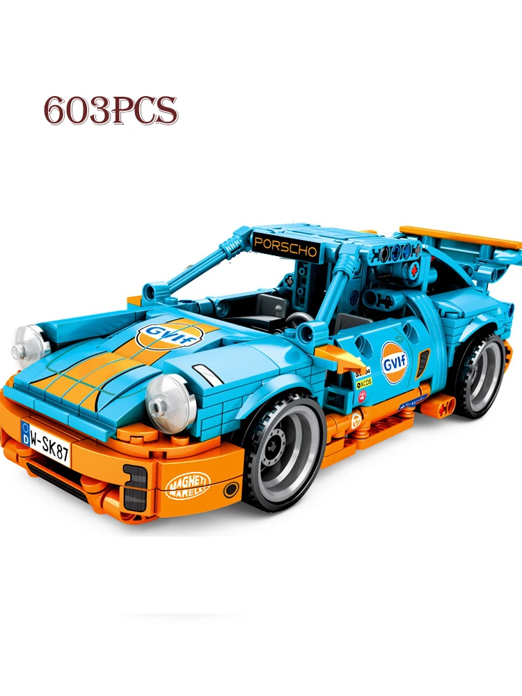 

2021 blue racing sports car boy assembling and inserting small particle children's building blocks