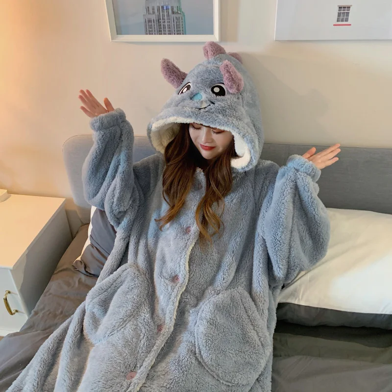 Winter Nightgown Dress Girl Kawaii Cartoon Hooded Coral Fleece Thicken Keep Warm Single Breasted Full Sleeve Cute Pajamas Women