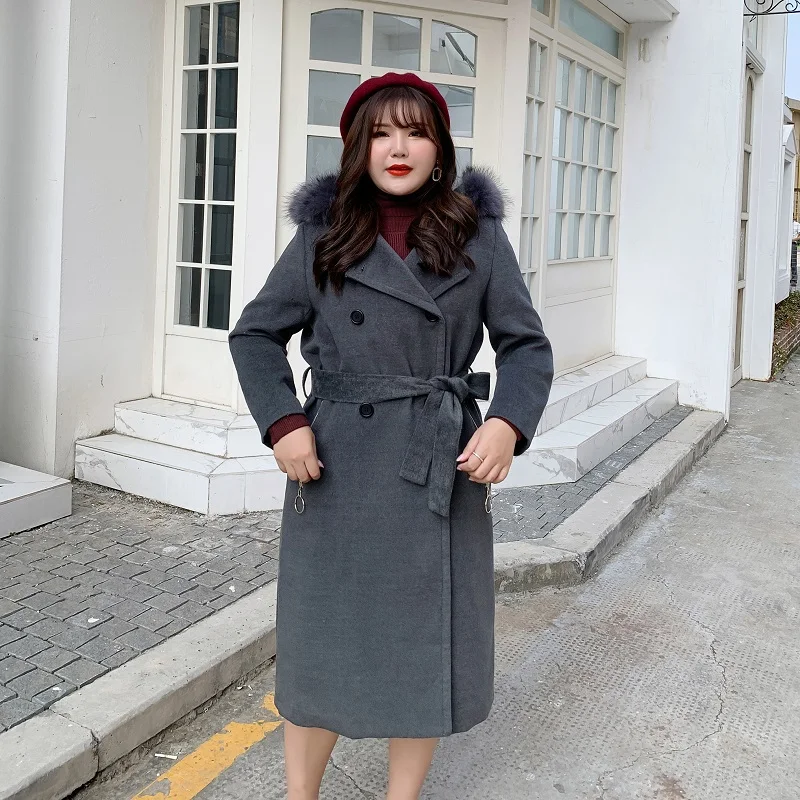fake-fur-collar Женское шерстяное пальто с поясом размера плюс, новинка, Женское пальто, зима-осень, Тренч с меховым воротником, женская верхняя одежда, 5XL - Цвет: fake-fur-collar