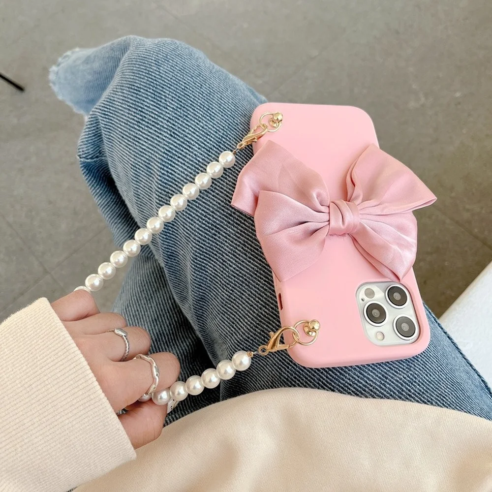Милый жемчужный браслет розовый чехол для телефона с бантом iPhone 13 12 Mini 11 Pro XS Max XR X 6