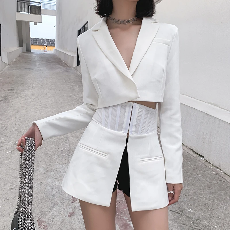 Новинка 2019 модная женская юбка костюм сексуальный короткий Блейзер с длинными