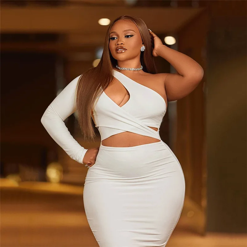 

Inclined One Shoulder Hollow Out Sexy Party Dress for Women Slim Solid Midi Dresses Fashion Elegant Chic New Autumn Winter Women