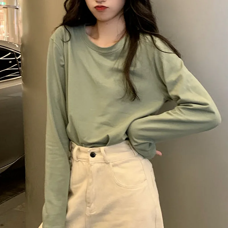 

T-shirt Women 2021 New Solid Long Sleeve Student Korean Style Newly Simple Female Spring Top All-match Daily Clothes Comfortable