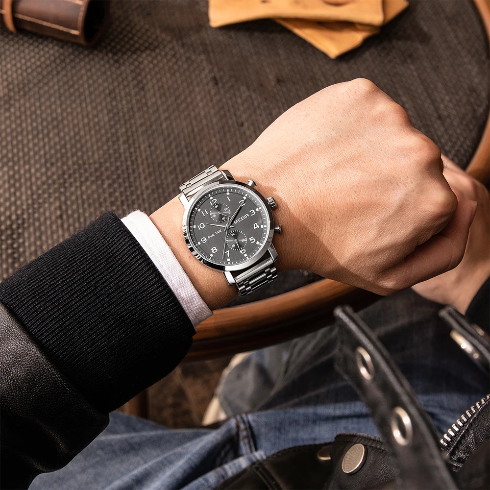 

MEGIR Stainless Steel Quartz Wrist Watches for Man Grey Dial Waterproof Chronograph Business Watch Men Clock Relogio Masculino