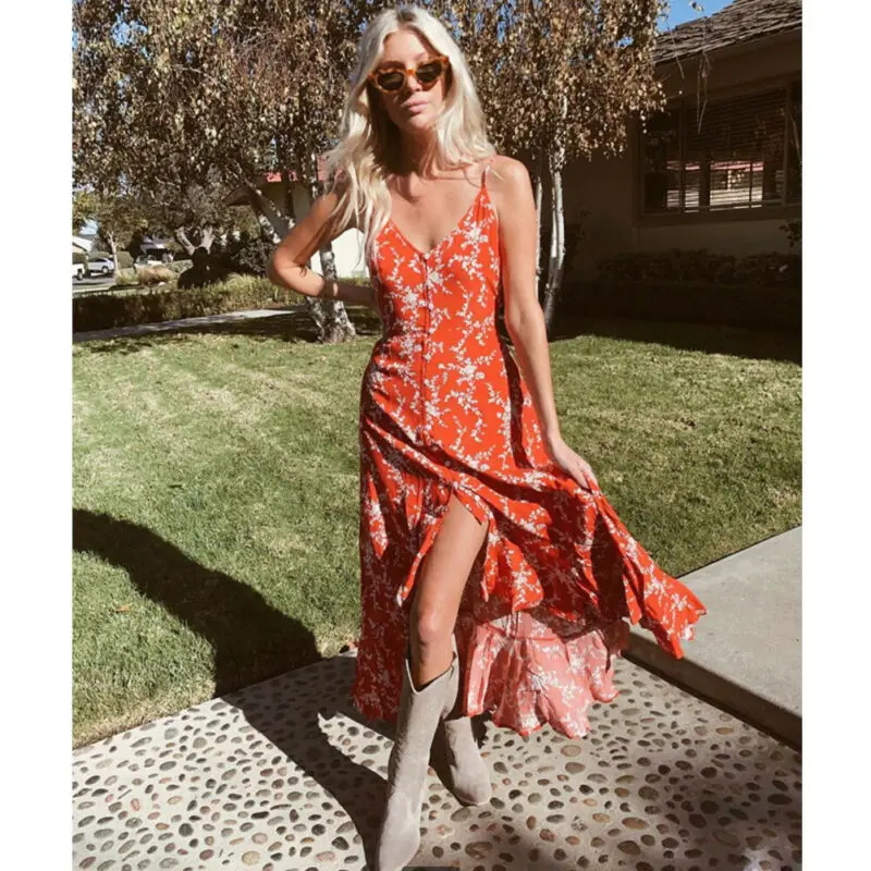 Богемное пляжное женское летнее платье с цветочным рисунком вечернее v образным