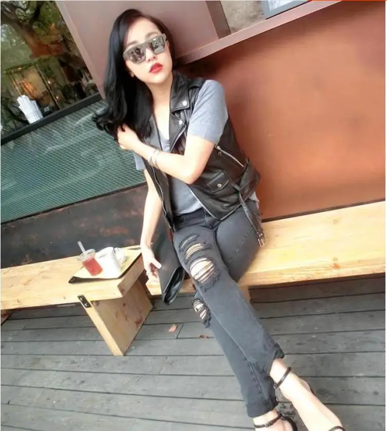 new 2021 fashion women's genuine real sheepskin leather female vest coat sleeveless turn-down collar couple femme jacket black