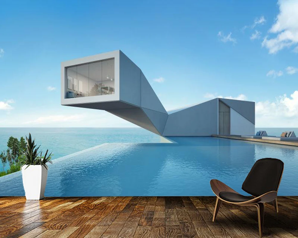 

Papel де parede вилла с видом на море и бассейн современное здание 3d космические обои Настенные обои Гостиная обоями домашний декор