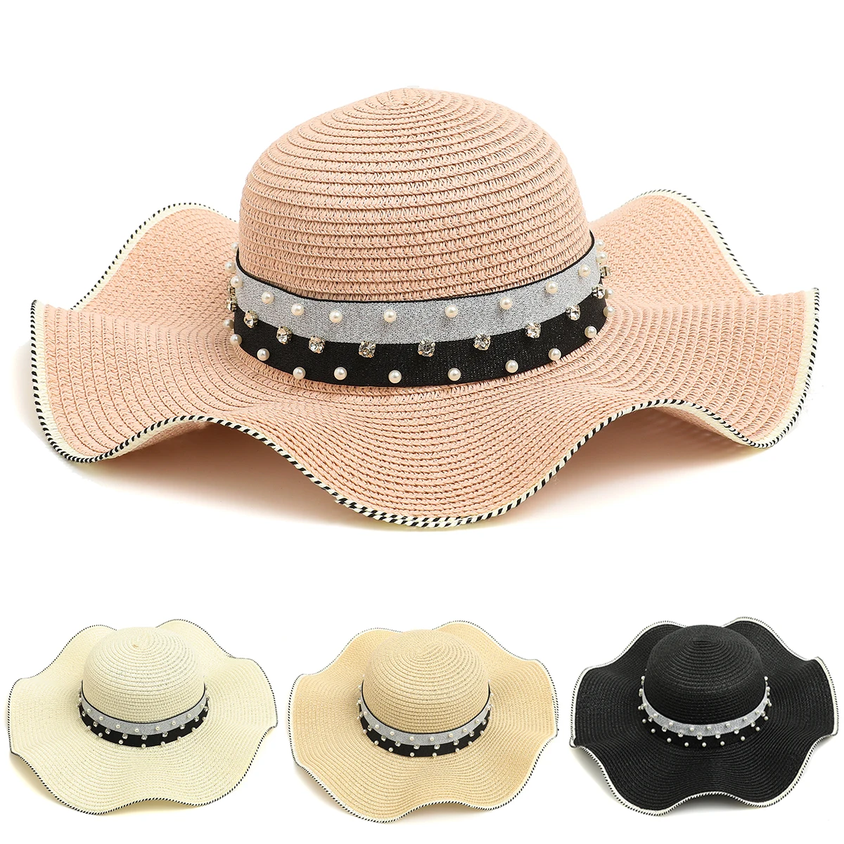 

Шляпа женская Соломенная с жемчугом, серебристая, черная лента