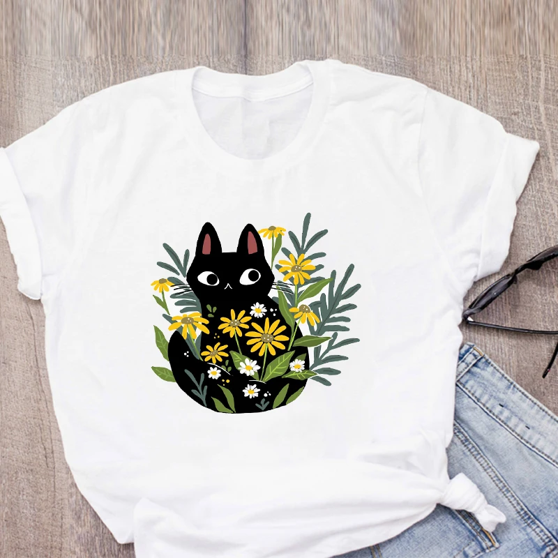 Женская футболка с рисунком кота цветочный принт 90s летняя Топы женская одежда