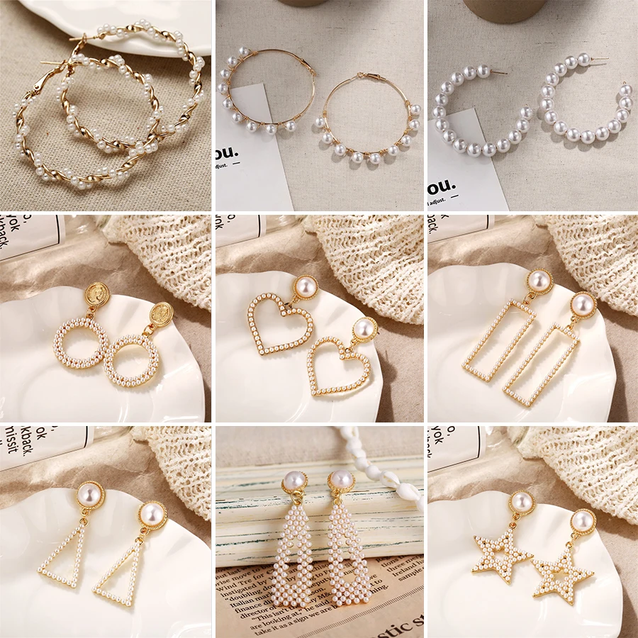 Женские серьги кольца с жемчугом Винтажные неправильной геометрической формы