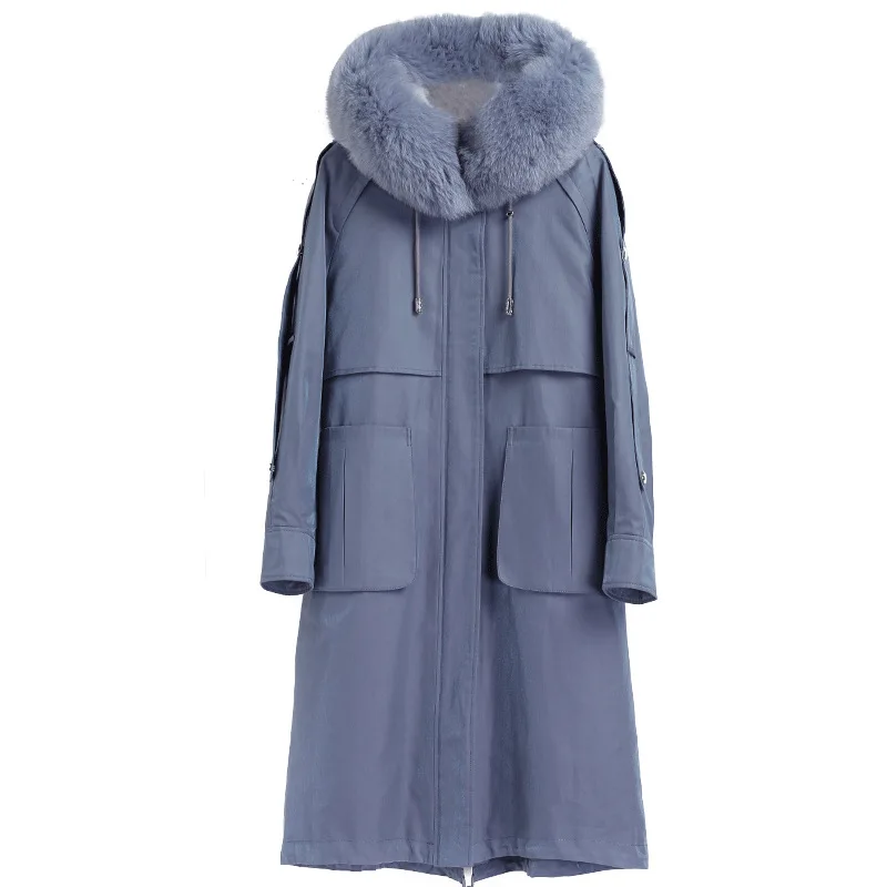 Женская парка с капюшоном и воротником из натурального меха кролика Рекс зимнее