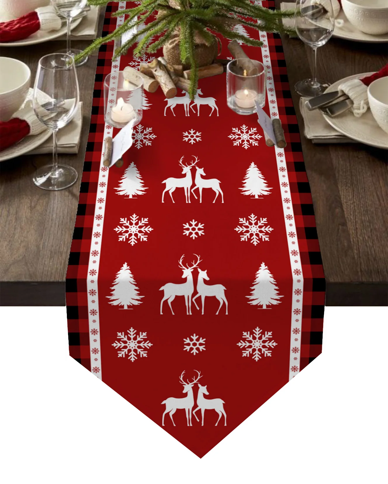

Christmas, Snowflakes, Elk, Red Plaid Table Runners Wedding Party Table Decorations for Home Tablecloth New Year Xmas Gifts