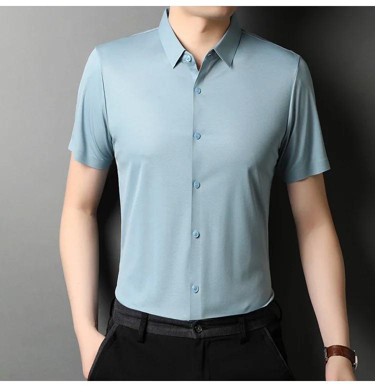 

Stretch short sleeve shirt men's Lapel business slim solid half sleeve shirt mulberry silk ice silk inch shirt
