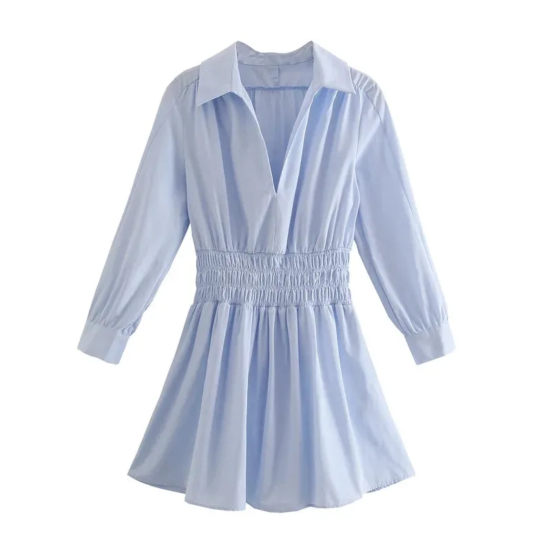

TRAF Za 2021 Red Dress Woman Poplin Mini Dress Women Long Sleeve Short Summer Dresses Elastic Waist Casual Blue Pink Dresses