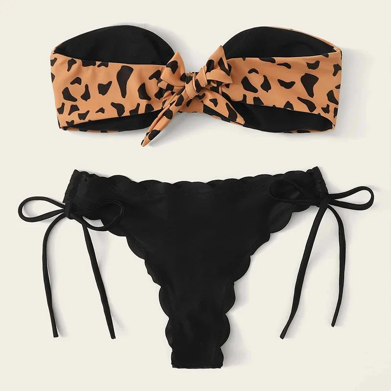 

Sexy Scalloped Marble Print Bikini Women Bandeau Swimwear Female Swimsuit Two-pieces Bikini set Knotted Bather Bathing Suit Swim