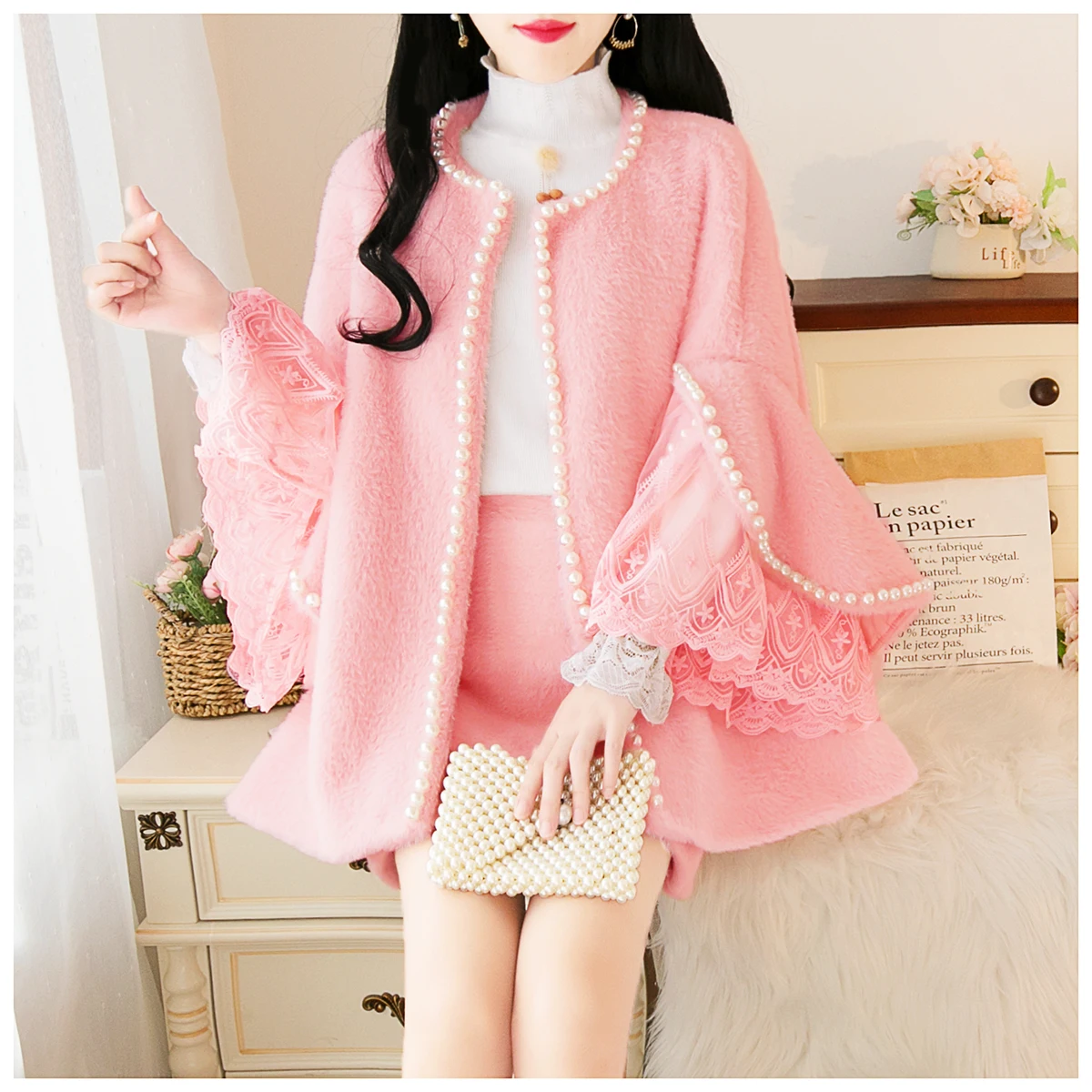 

Women's Set Pink Cape Coat and Skirt 2021 Fashion Ladies 2 Piece Set Batwing Sleeve Two Pieces Set Female