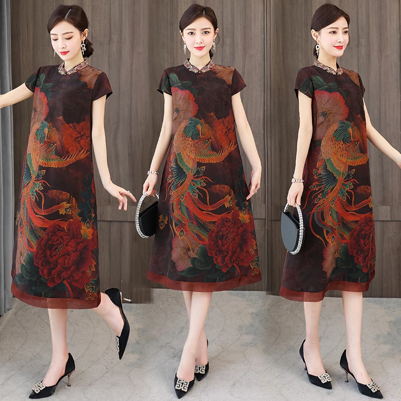 

COIGARSAM Women Dress Summer 2021 New Office Lady Cheongsam Vintage Patchwork Embroidery Red Color Dresses Traf Vestidos Robe