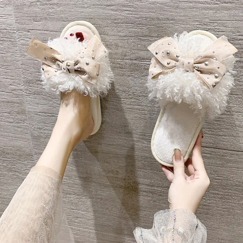 

Little fragrant bowknot woolen cotton slippers women autumn and winter 2020 new home indoor home women's shoes confinement shoes