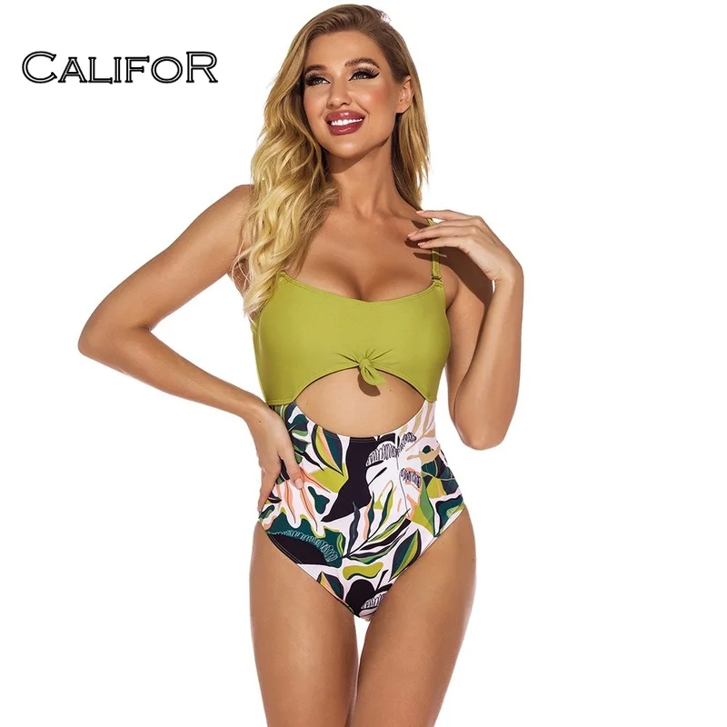 

Новинка 2021, пикантный слитный купальный костюм CALIFOR зеленого цвета маття с вырезами для женщин