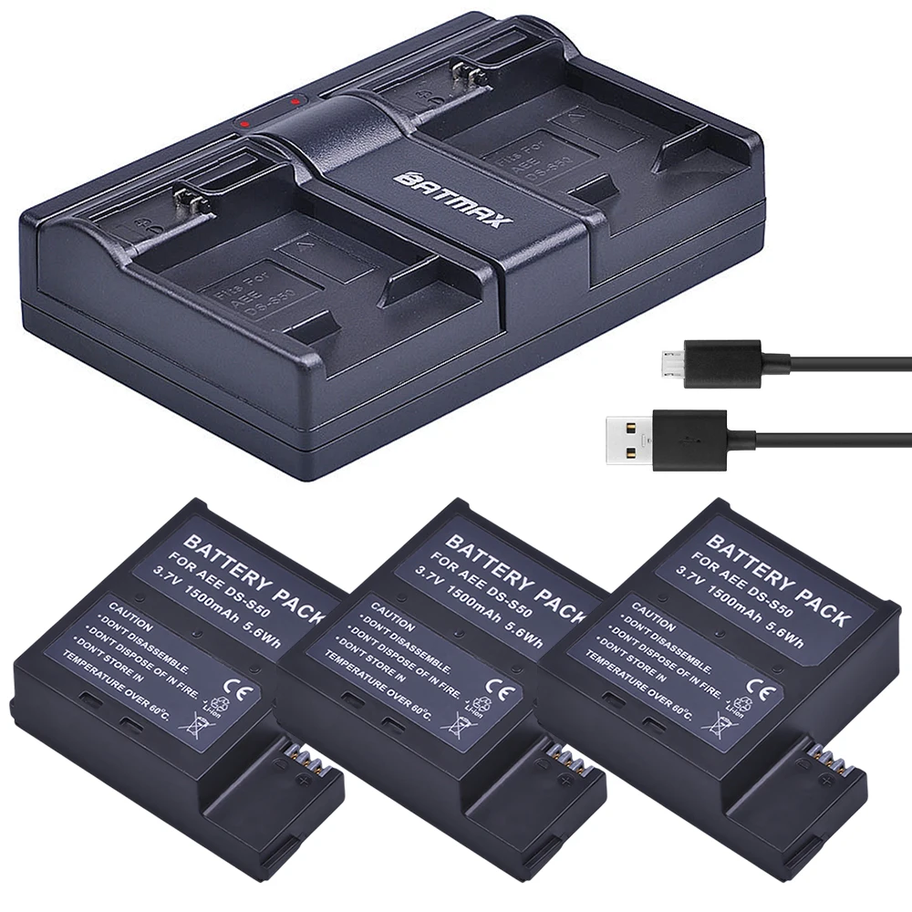 

3Pc DS-S50 1500mAh DSS50 Battery Pack Accu + USB Dual Charger for AEE DS-S50 S50 Battery AEE D33 S50 S51 S60 S71 S70 Cameras