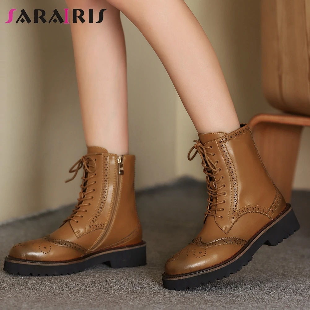 

SARAIRIS New Female 2020 Concise Boots Genuine Leather Boots Women Round Toe Chunky Heels Cross Tied Zip Ankle Shoes Woman