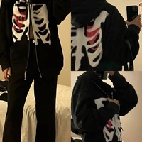 zipper style y2k harajuku korean style loose skull print long sleeved hooded jacket solid color student hip hop gothic top